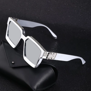 Luxurious silver square frame rhinestone sunglasses with sleek light gray lenses