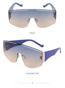 Vue de face et de côté de lunettes de soleil de sport sans monture avec verre dégradé bleu-orange
