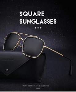 Close-up of golden metal square sunglasses with woven texture on leather case