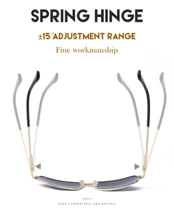 Detail view of double bridge polarized sunglasses featuring flexible 15-degree spring hinges