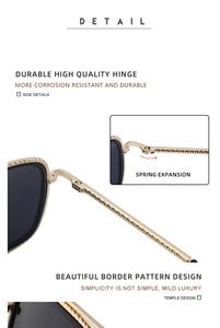 Detail of durable spring hinges and embossed patterns on gold metal sunglasses frame