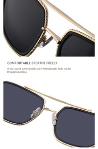 Close-up of golden metal frame texture and comfortable silicone nose pads of sunglasses