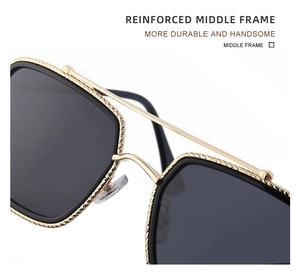 Detailed close-up of polarized sunglasses featuring reinforced double golden middle frame