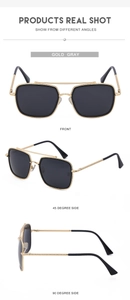 Polarized square sunglasses showing front and side angles with gold frames and gray lenses