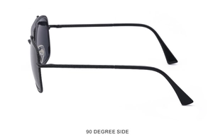 90-degree side view of black metal pilot sunglasses with detailed woven frame texture