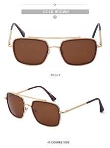 Detail view of gold metal pilot sunglasses with brown polarized lenses and side perspective