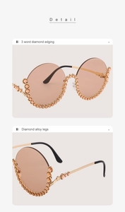 Detail einer runden Sonnenbrille mit diamantbesetzten Wellenkanten und Metallbügeln