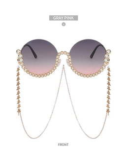 Vorderansicht der runden Verlaufs-Sonnenbrille mit Strasssteinen und Sternenkette