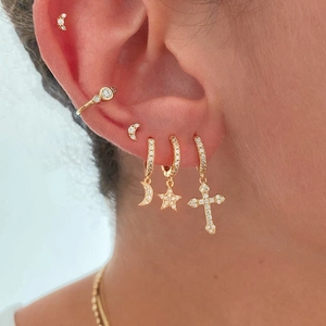Copper Zircon Huggie Hoop Drop Earrings For Women Geometric Star Moon Cross Planet Style Jewelry