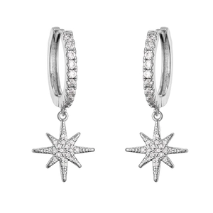 Minimalist silver hoop earrings with dangling zircon North Star pendants for women