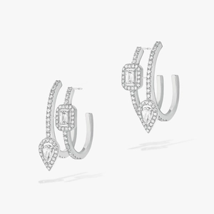 Luxurious multi-row silver hoop earrings with pear and emerald cut halo diamonds