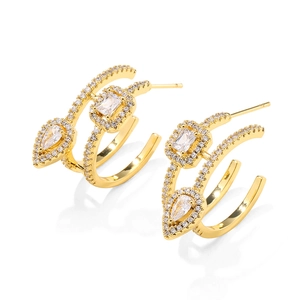 Luxurious gold-plated double C-hoop earrings featuring pear and baguette zircon stones