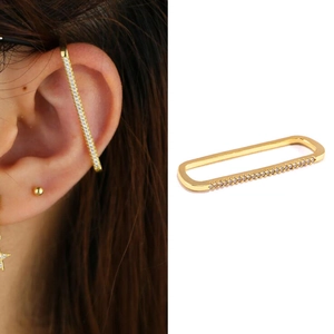 Gold rectangular ear cuff with micro-paved zircons and non-piercing clip-on design
