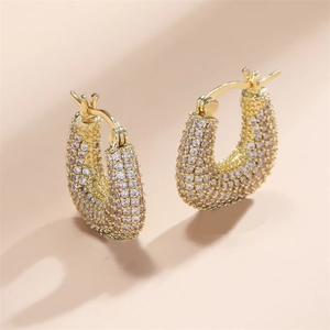 Boucles Oreilles Créoles Laiton Pavé Zircons AAA Forme U Rétro Géométrique Luxe