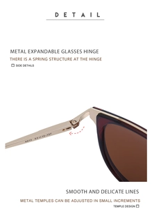 Detail view of tortoiseshell frame sunglasses showing metal spring hinges and sizing specs