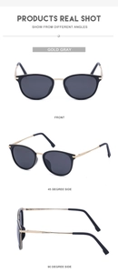 Multiple views of vintage polarized sunglasses with black frames and gold metal accents