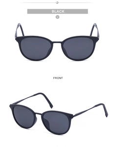 Close-up of black full-rim polarized sunglasses from front and side view angles