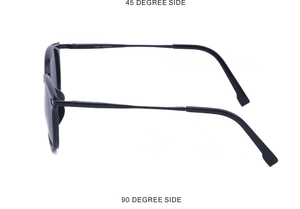 Detail of classic black polarized sunglasses featuring Italy Design engraving and side view