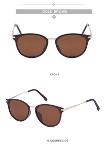 Front and 45-degree side views of vintage Gold Brown polarized sunglasses with metal bridge