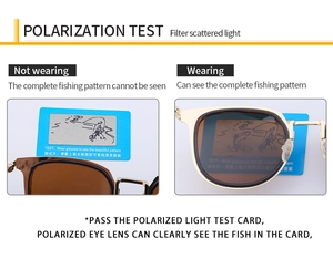 Detailed polarized lens test showing clear vision on test card with gold frame sunglasses