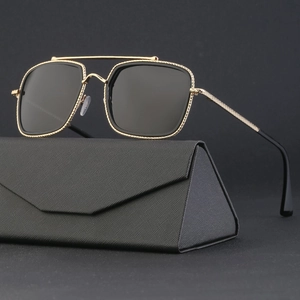 Polarized square sunglasses with gold metal double bridge frame and grey lenses