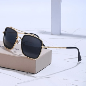 Polarized retro square sunglasses with gold textured frames and black lenses
