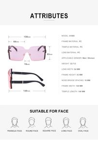 Détails techniques des lunettes de soleil carrées roses avec dimensions et monture