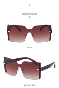 Vues de face et de profil de lunettes de soleil sans monture marron avec branches tressées