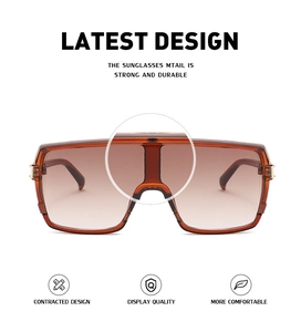 Detail of oversized amber sunglasses showing strong metal hinges and durable frame