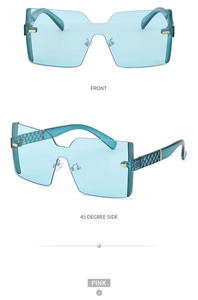 Vues détaillées de lunettes de soleil sans monture bleu sarcelle avec branches matelassées
