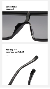 Detail of comfortable nose pad and non-slip foot covers on black oversized sunglasses