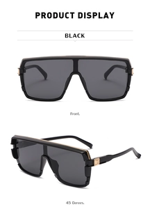 Front and side macro views of black oversize sunglasses with gold metal trim details