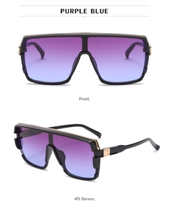 Front and side view of purple blue gradient oversized sunglasses with gold metal trim