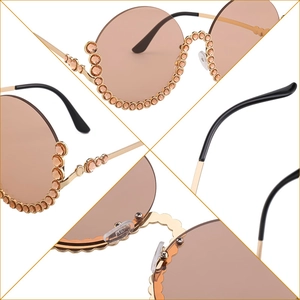 Modische runde randlose Damen-Sonnenbrille mit Champagner-Strasssteinen und Goldkette