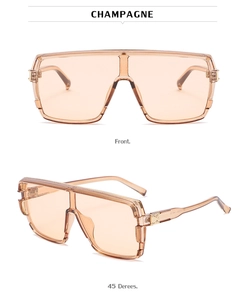 Front and 45-degree angle views of champagne oversized flat top wrap sunglasses