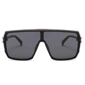 Fashion oversized wrap-around sunglasses with black frames and gold metal stripe accents