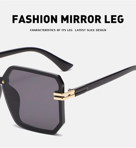 Close-up of golden metal hinges on stylish black frameless square sunglasses