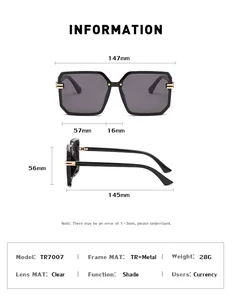 Detailed size guide and specifications for square rimless sunglasses with TR7007 metal frame