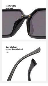Detail of comfortable nose pads and non-slip temple tips on black oversized sunglasses