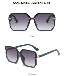 Detail view of square rimless sunglasses in sand green with gradient grey lenses