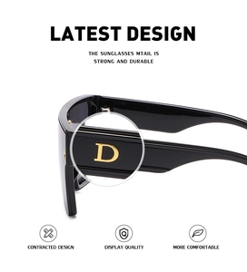 Detail view of fashion oversized sunglasses featuring golden letter D logo on wide temples