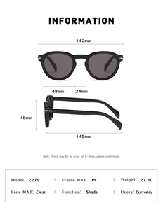Detailed size specifications for retro round sunglasses with black PC frame and dark lenses