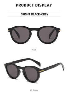 Front and 45-degree angle view of bright black round frame sunglasses with gold arrow detail
