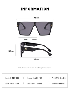 Detailed size specifications for oversized square TR sunglasses with gold D-shaped temples