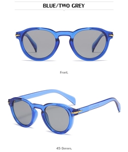 Front and side view of blue vintage round sunglasses with gold arrow metal accents