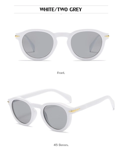 Front and 45-degree angle views of white retro sunglasses with gold arrow detail