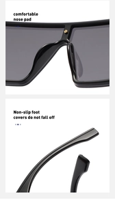 Detail of sunglasses featuring comfortable nose pads and non-slip curved temple tips