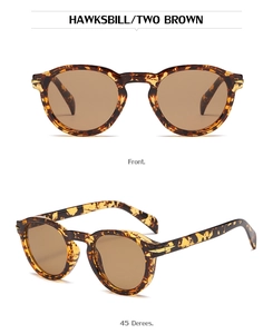 Close-up of retro round tortoiseshell sunglasses with brown lenses and metal hardware