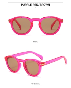 Front and side view of retro round sunglasses with pink frames and brown lenses