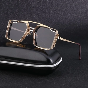 Vintage steampunk square metal sunglasses with hollow mesh side shields and gold frame